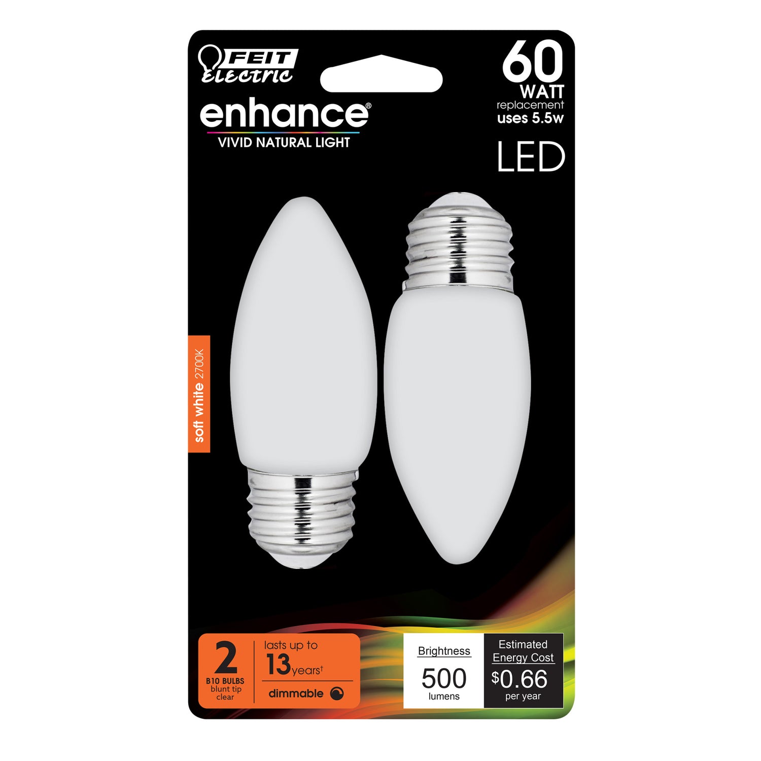 5.5W (60W Replacement) Soft White (2700K) B10 Base Torpedo Tip Dimmable LED Enhance Frosted Glass Light Bulb (2-Pack)