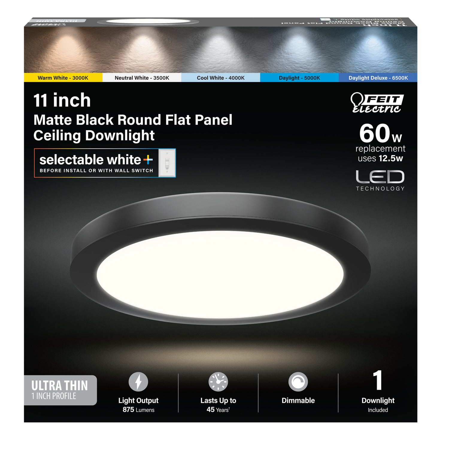 11 in. 12.5W (60W Replacement) Selectable White Matte Black Round Flat Panel Ceiling Downlight