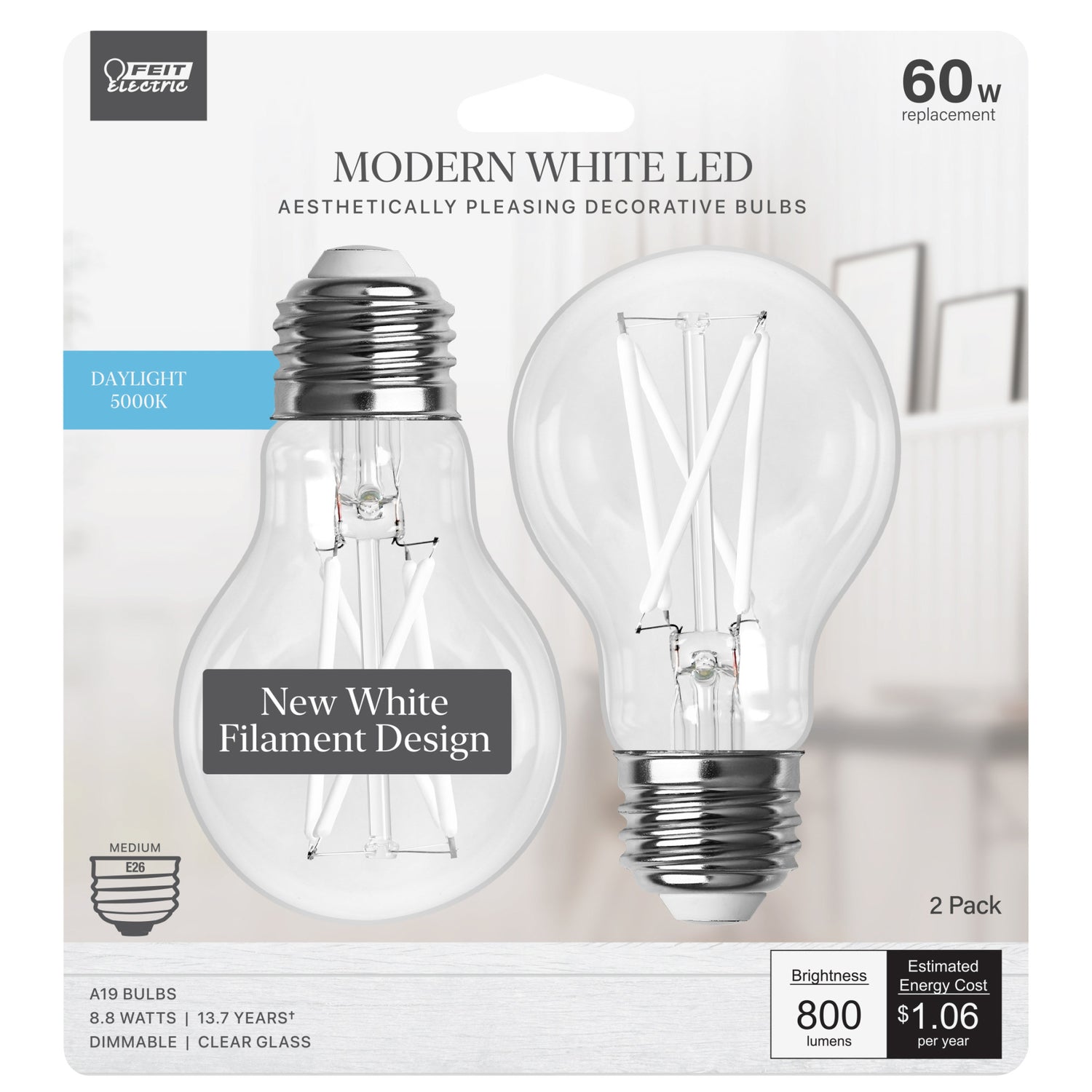 8.8W (60W Replacement) Daylight (5000K) A19 (E26 Medium Base) Dimmable Exposed White Filament LED Light Bulb (2-Pack)