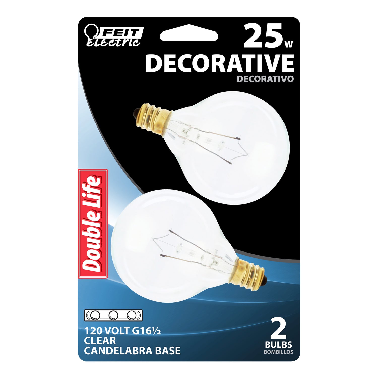 25W Soft White G16 1/2 Globe Shape Dimmable Clear Incandescent Chandelier Light Bulb (2-Pack)