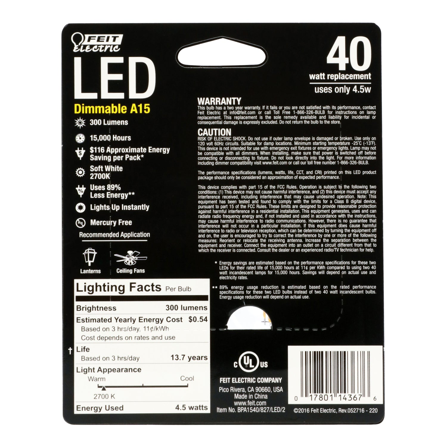 40W Replacement A15 Dimmable Soft White Glass Filament (2-Pack)