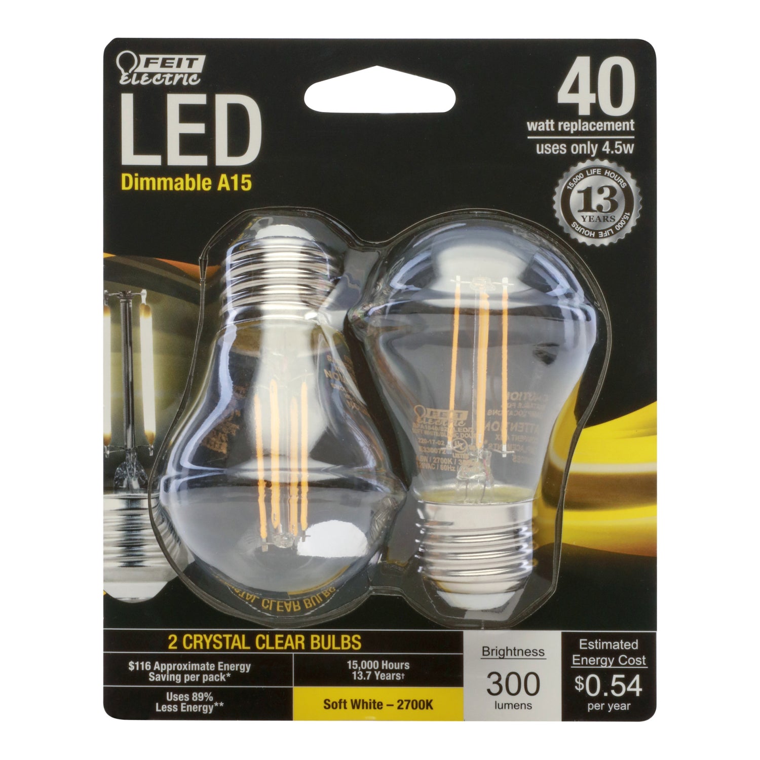 40W Replacement A15 Dimmable Soft White Glass Filament (2-Pack)