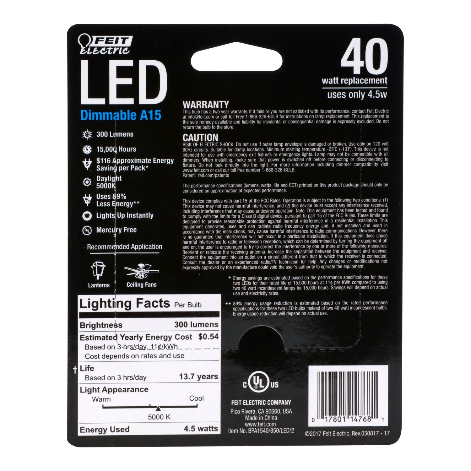 4.5W (40W Replacement) Daylight (5000K) E26 Base A15 Dimmable Glass Filament LED Bulb (2-Pack)