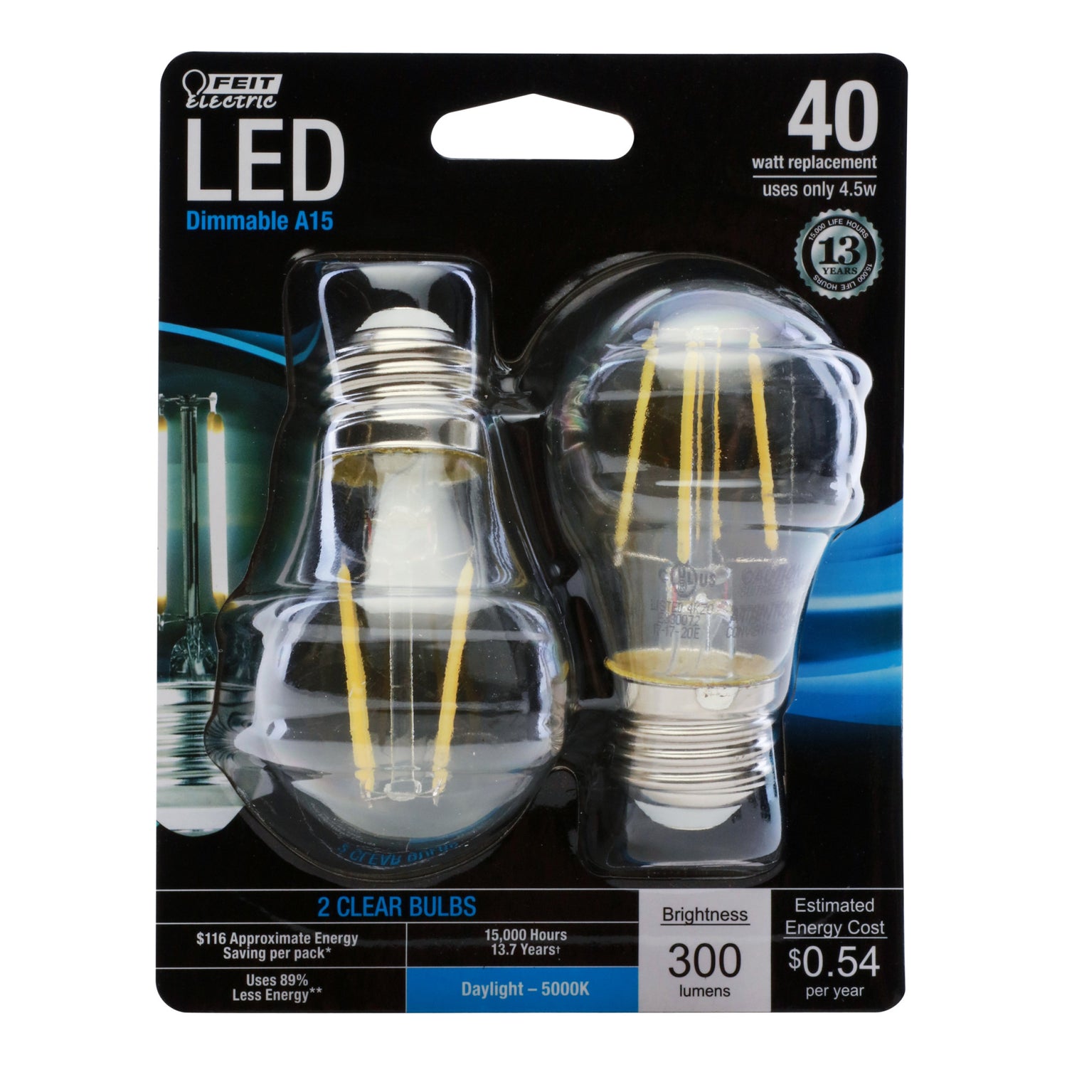 4.5W (40W Replacement) Daylight (5000K) E26 Base A15 Dimmable Glass Filament LED Bulb (2-Pack)