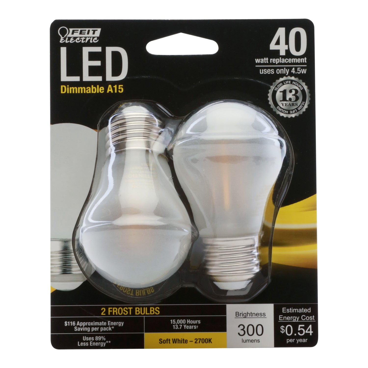 4.5W (40W Replacement) Soft White (2700K) E26 Base A15 Dimmable LED Frost Glass Filament Bulb (2-Pack)