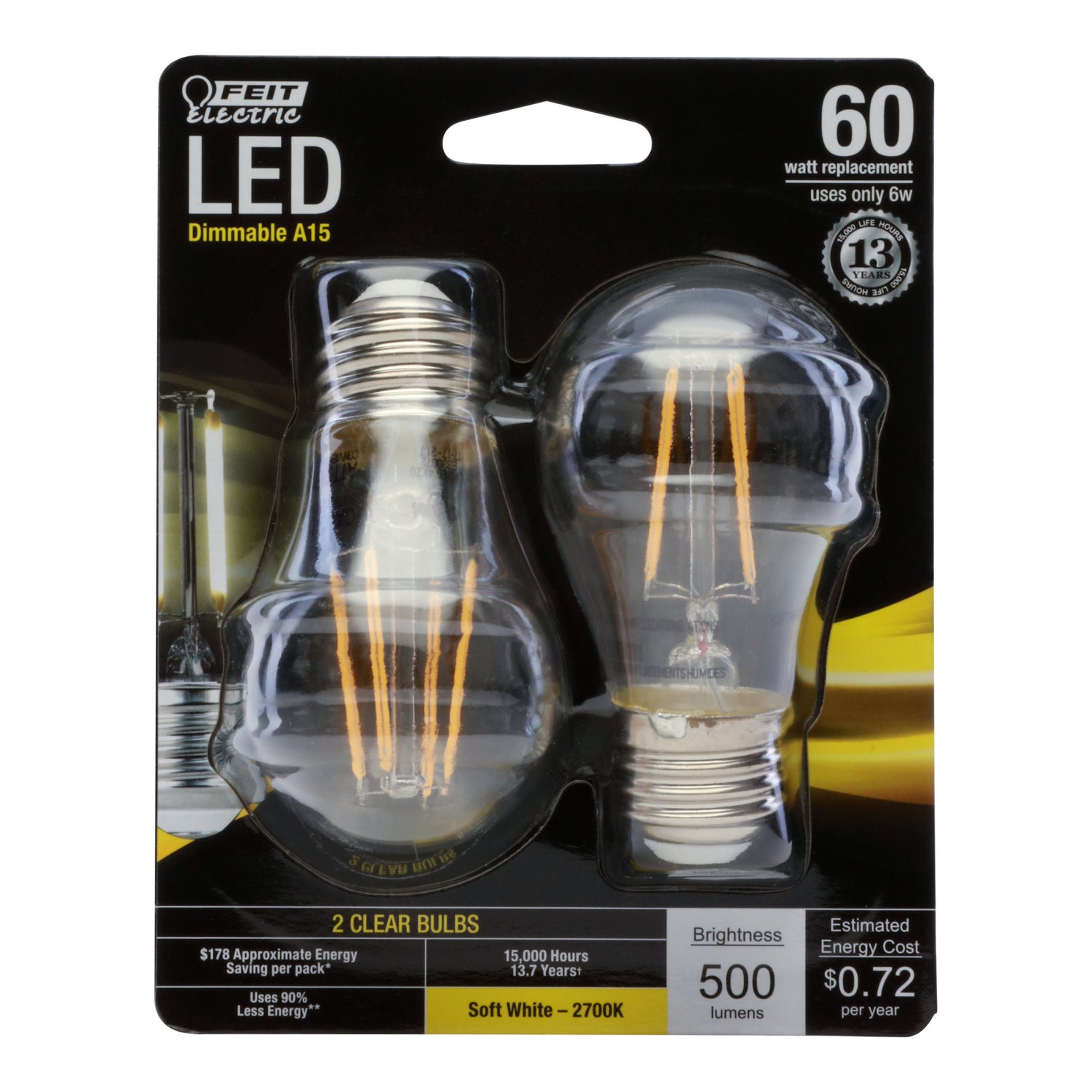 60W Replacement A15 Dimmable Soft White Glass Filament (2-Pack)