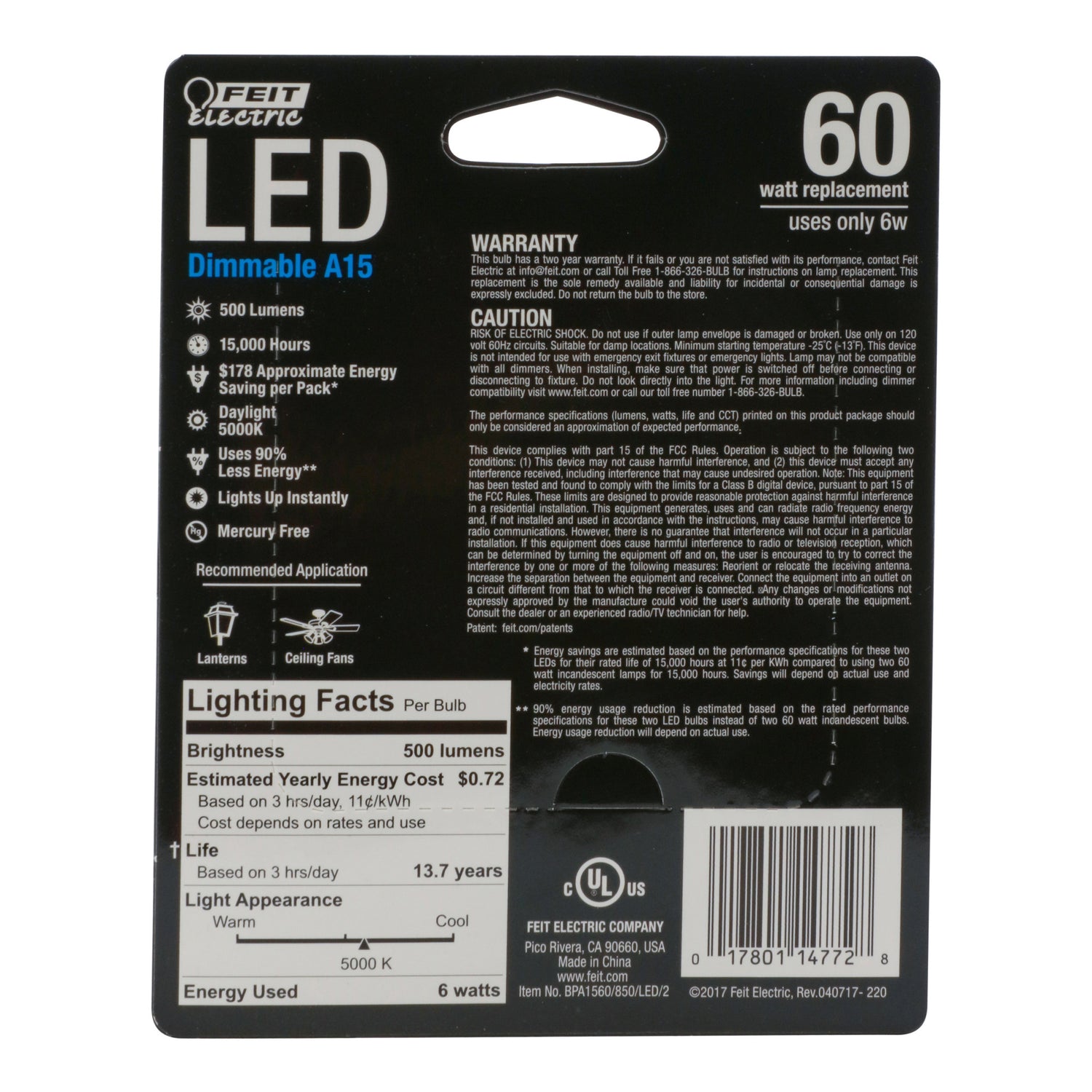 60W Replacement A15 Dimmable Daylight Glass Filament (2-Pack)