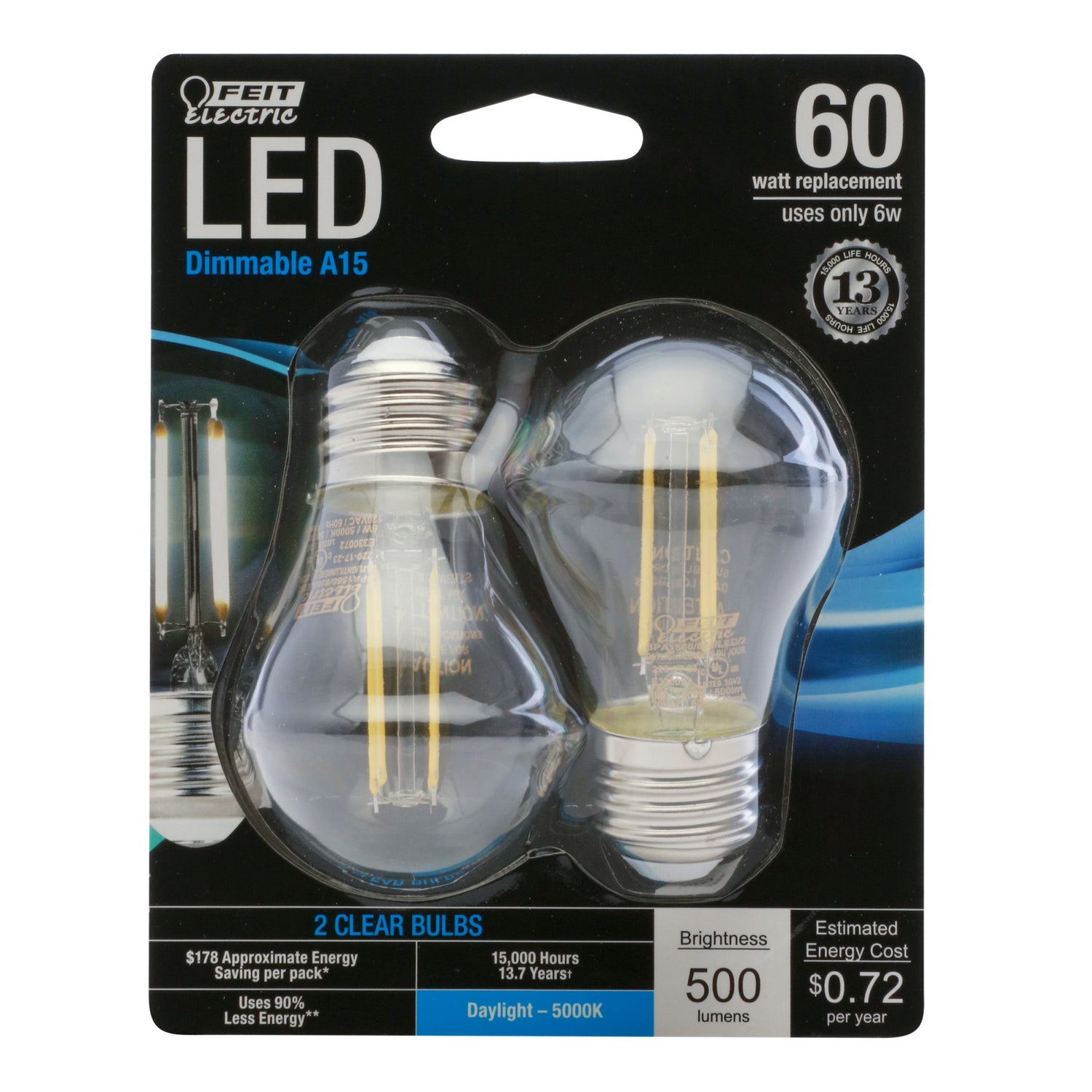 60W Replacement A15 Dimmable Daylight Glass Filament (2-Pack)