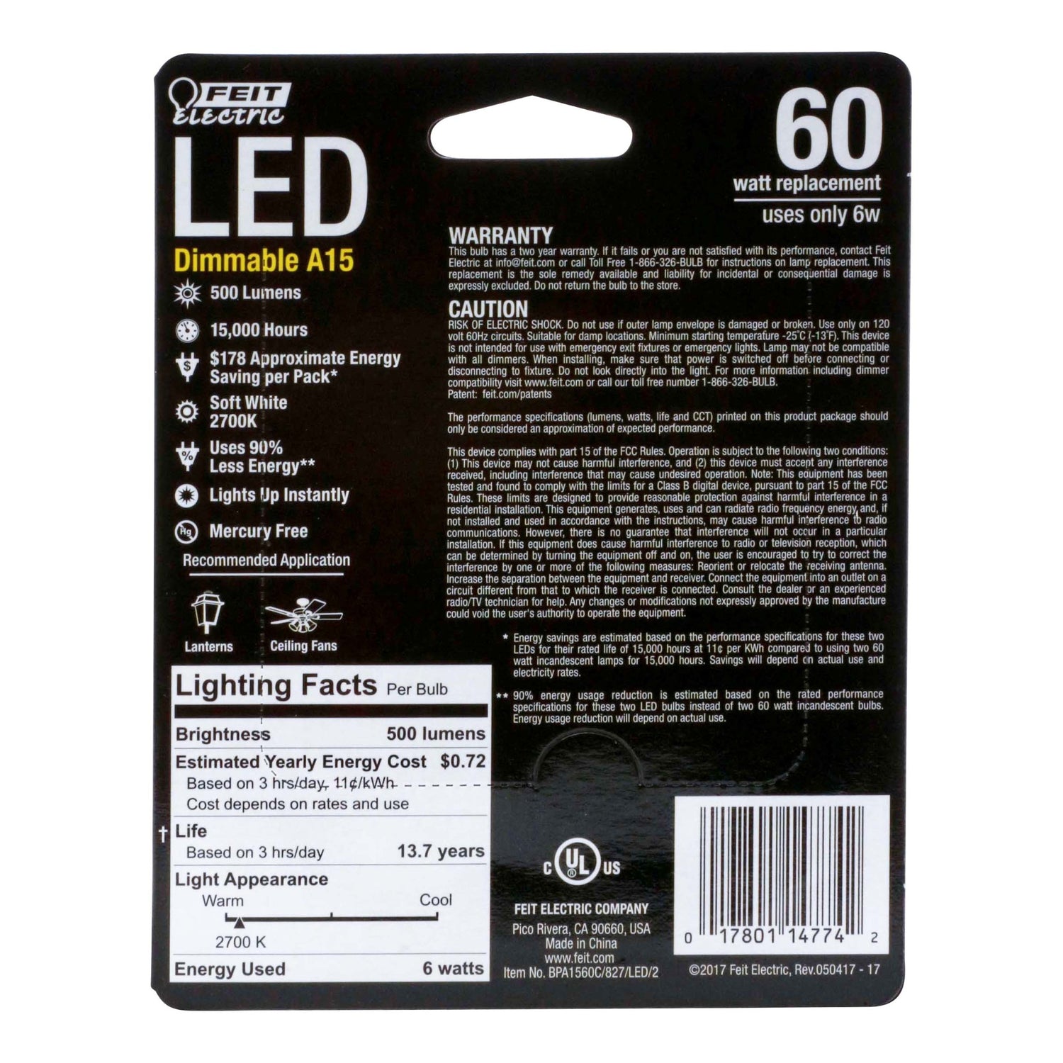 60W Replacement A15 Candelabra Base Dimmable Soft White Glass Filament (2-Pack)