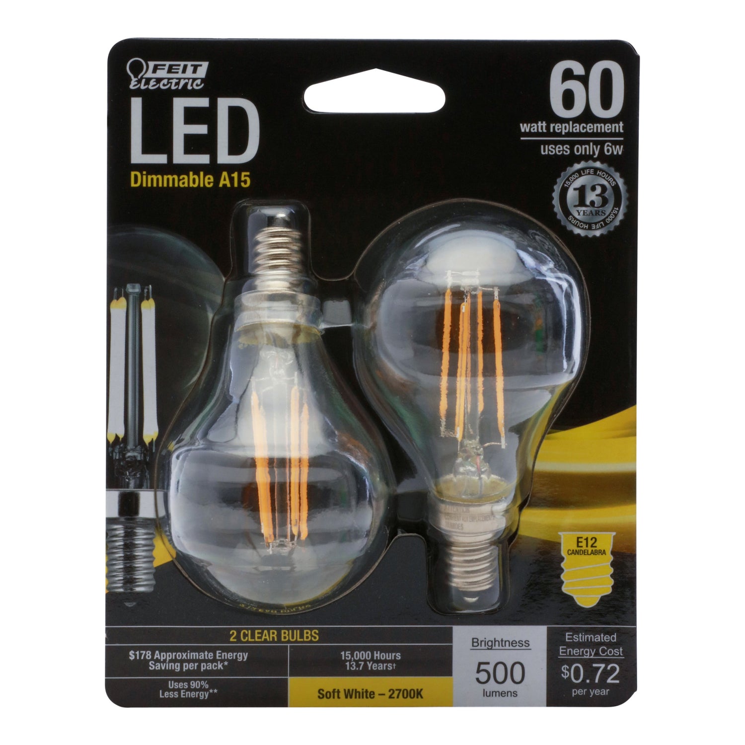60W Replacement A15 Candelabra Base Dimmable Soft White Glass Filament (2-Pack)
