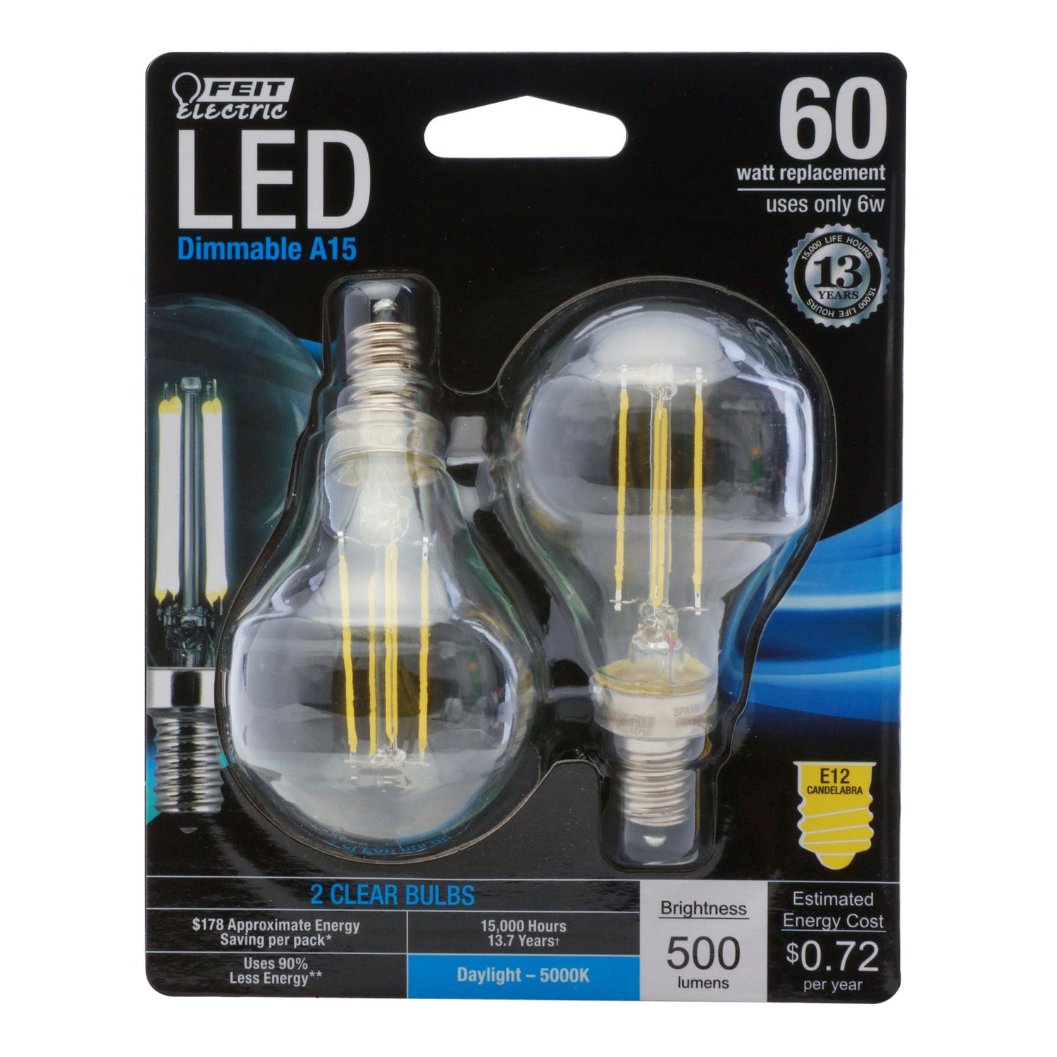 60W Replacement A15 Candelabra Base Dimmable Daylight Glass Filament (2-Pack)