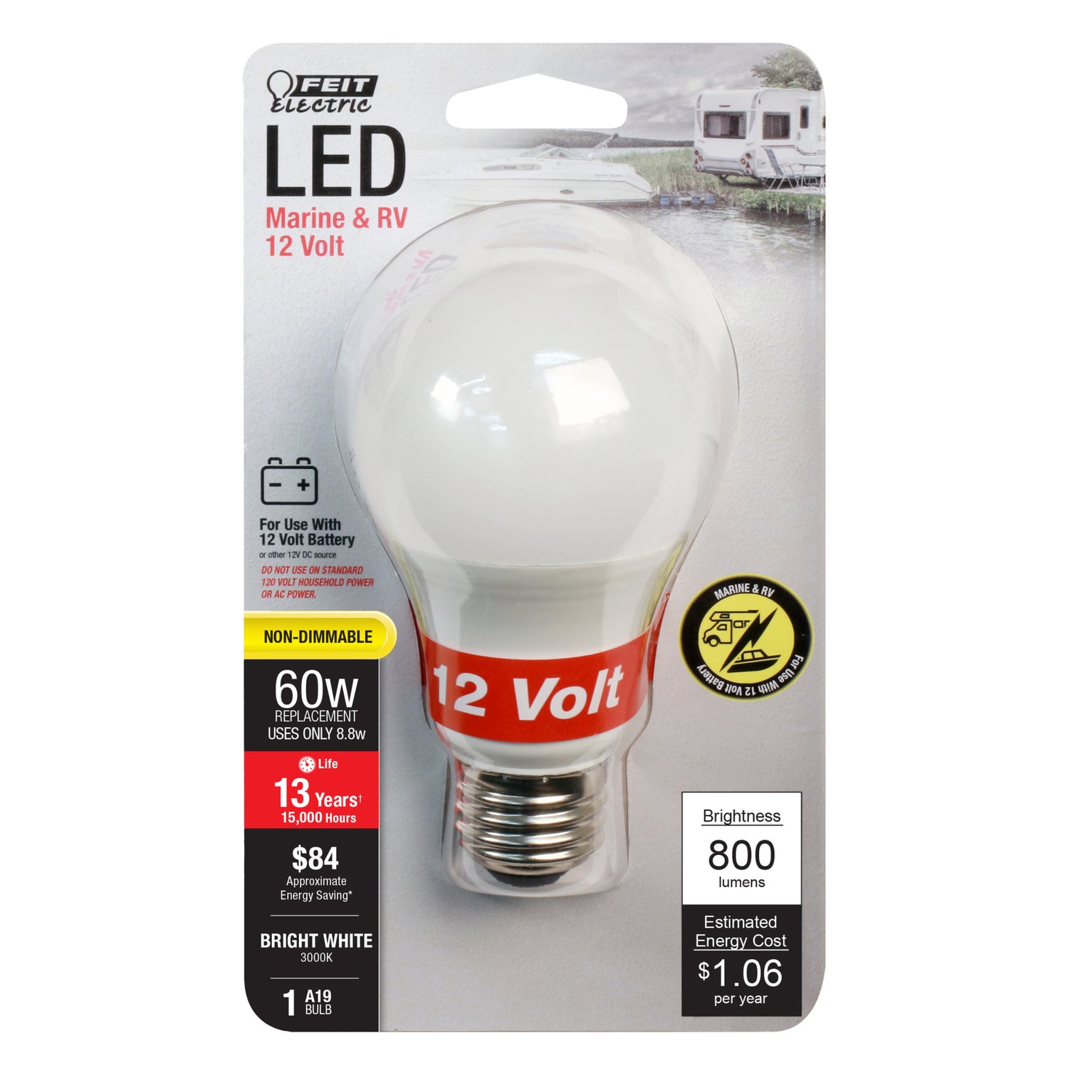 8.8W (60W Replacement) Bright White (3000K) E26 Base A19 12-Volt Boat & RV LED
