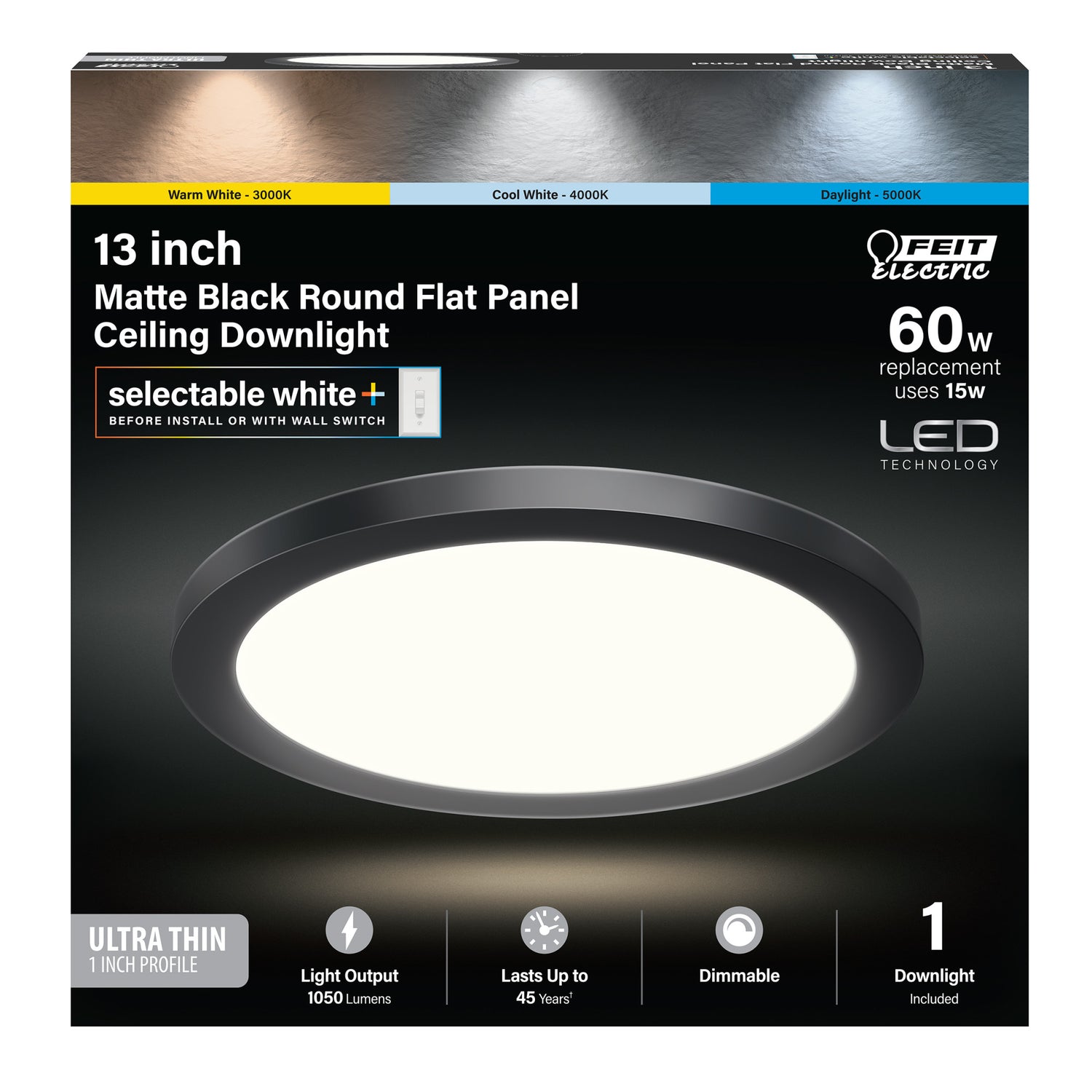 13 in. 15W Selectable White Edge-lit Black LED Light Fixture